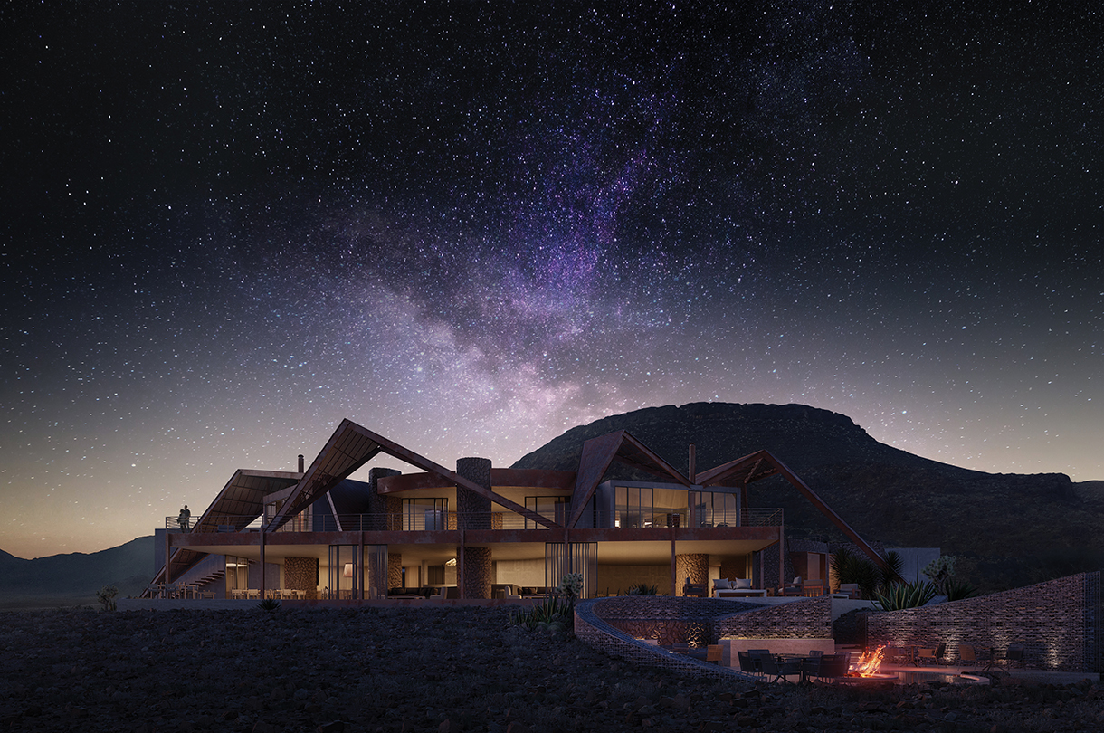 Night sky and exterior view of Sossusvlei Desert Lodge with fire pit